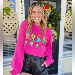 Bibi Size M Nutcracker Sequin Holiday Sweater Hot Pink Preppy Girlie‎ Aesthetic